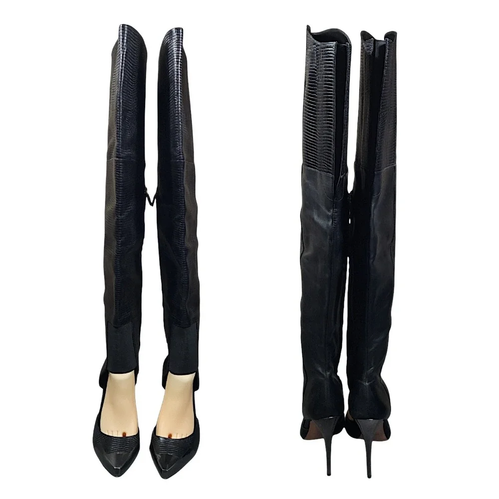 BCBGMAXAZRIA Runway Boots 9M Concorde Black Leather Lizard Print Thigh High 4.5